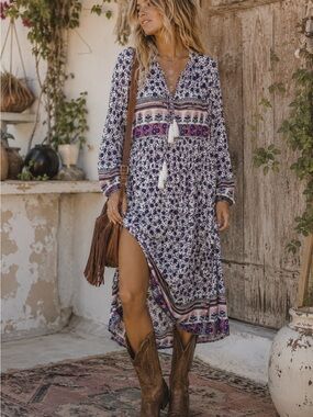 R. Vivimos Boho Floral Tassel Tie Midi Dress Long Sleeve Cottagecore SZ M